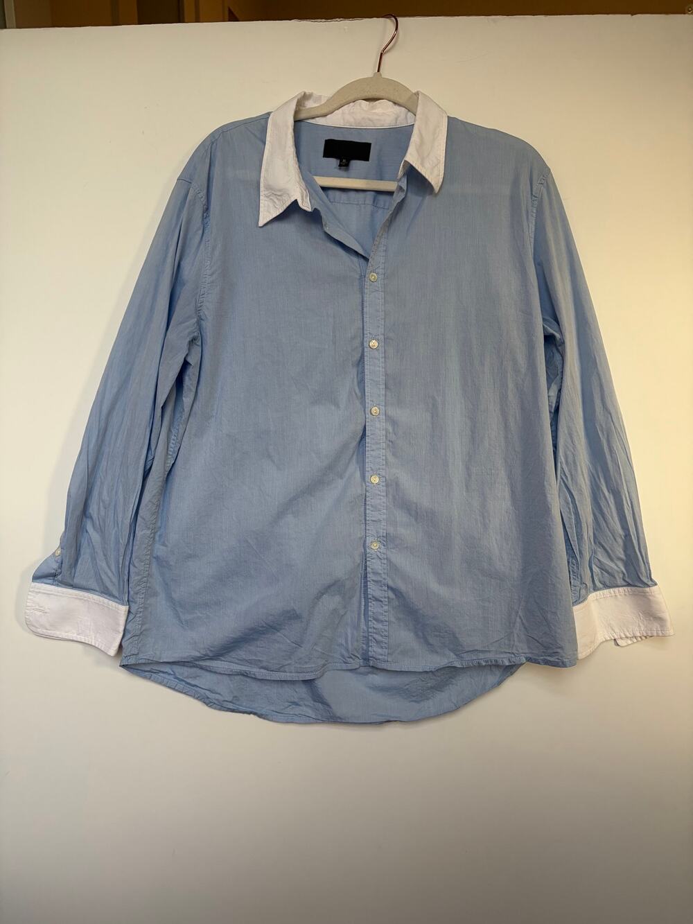 Nili Lotan Light Blue Cotton Button Down Shirt White Contrast Collar Cuffs XL